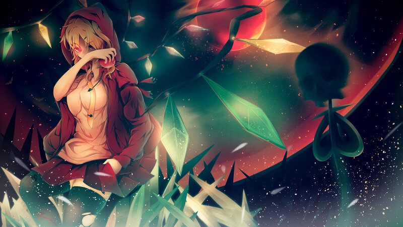 Anime Girl in Red Cloak — Dramatic, Night, Digital Art, Skull, Crystals