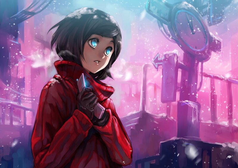 Anime Girl in Red Coat — Cold, Winter, Digital Art, Snow
