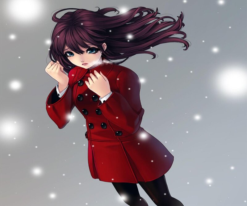 Anime Girl in Red Coat — Cold, Winter