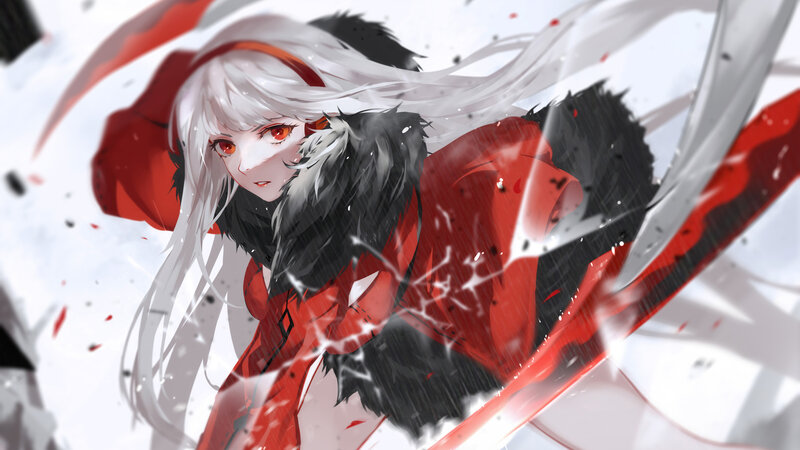 Anime Girl in Red Coat — Dramatic, Digital Art, White Hair