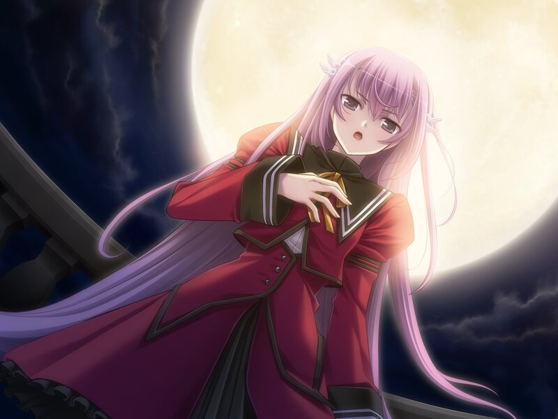 Anime Girl in Red Coat — Dramatic, Night, Moon