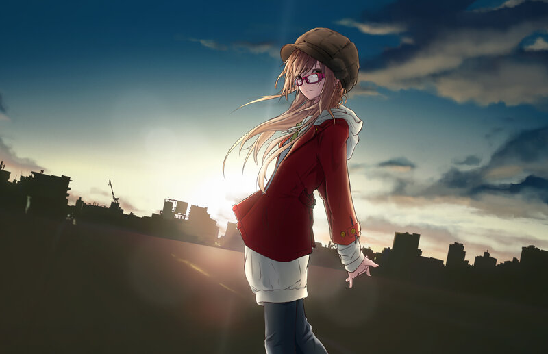 Anime Girl in Red Coat — Dramatic, Sunset, Digital Art