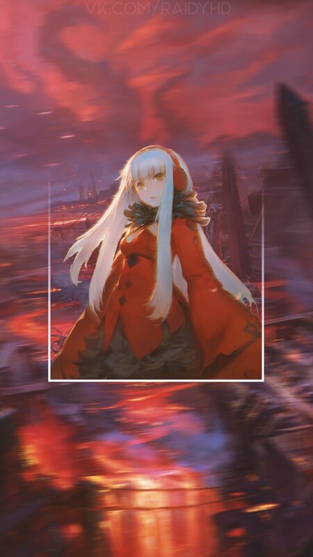 Anime Girl in Red Coat — Dramatic, Sunset, Digital Art, White Hair