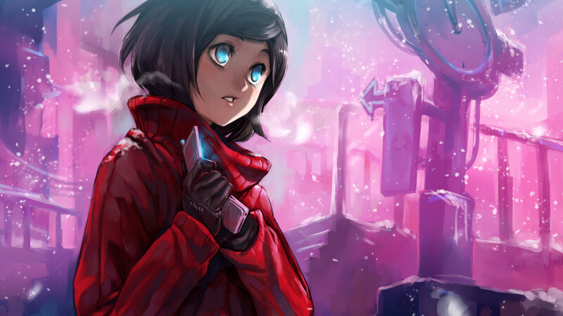Anime Girl in Red Coat — Dramatic, Winter, Digital Art