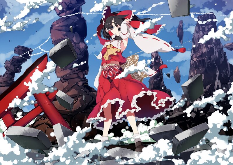 Anime girl in red dress amidst destruction