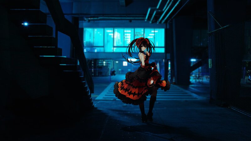 Anime Girl in Red Dress — Black, Dramatic, Night, Digital Art