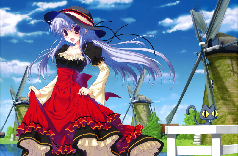 Anime Girl in Red Dress — Blue, Cheerful