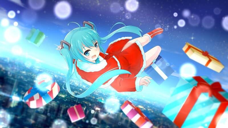 Anime Girl in Red Dress — Blue, Festive, Night, Digital Art