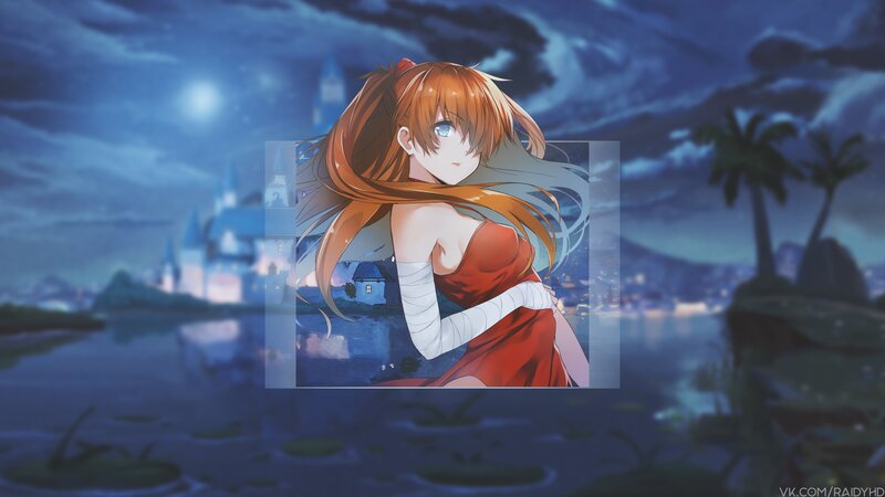 Anime Girl in Red Dress — Blue, Serene, Night, Digital Art, Castle