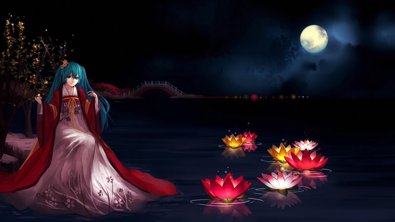 Anime Girl in Red Dress — Blue, Serene, Night