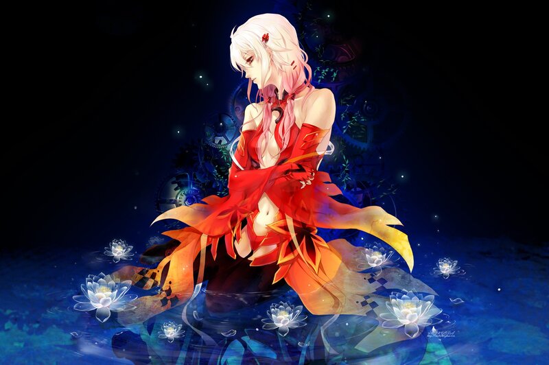 Anime girl in red dress by water