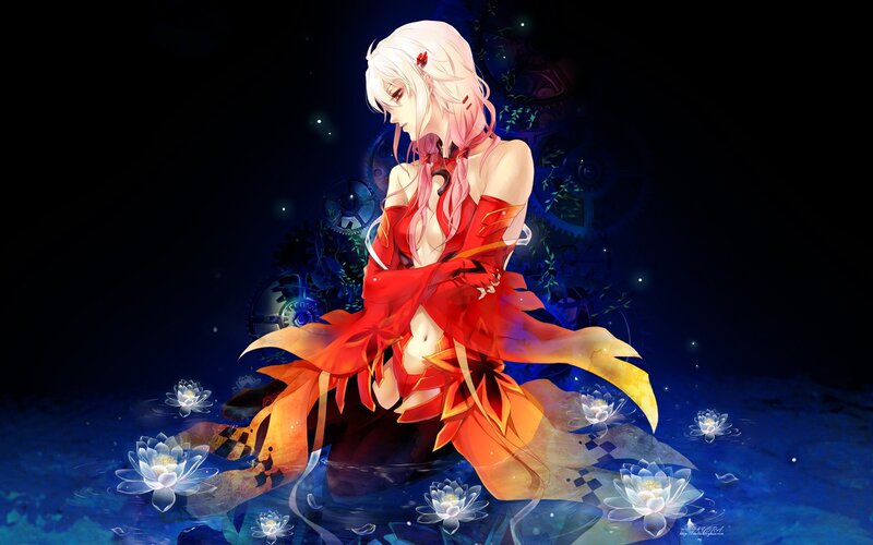 Anime girl in red dress by water