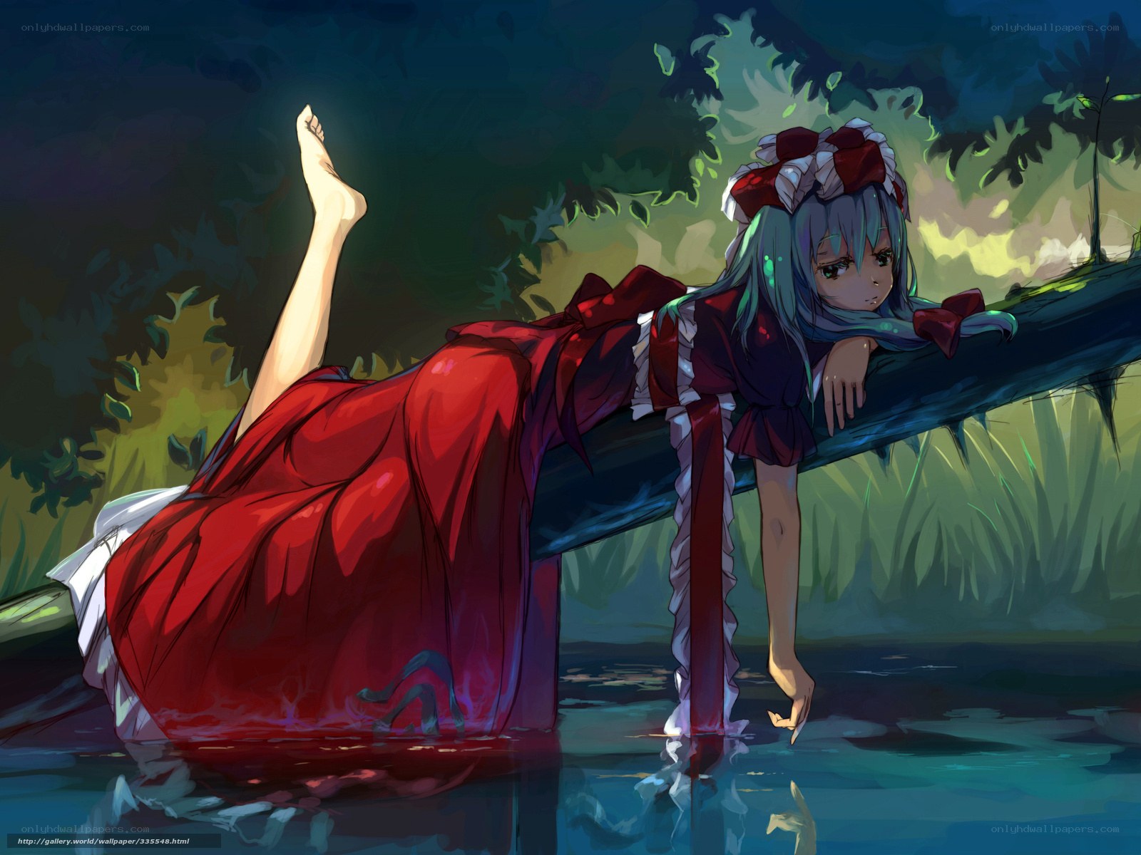 Anime girl in red dress by water