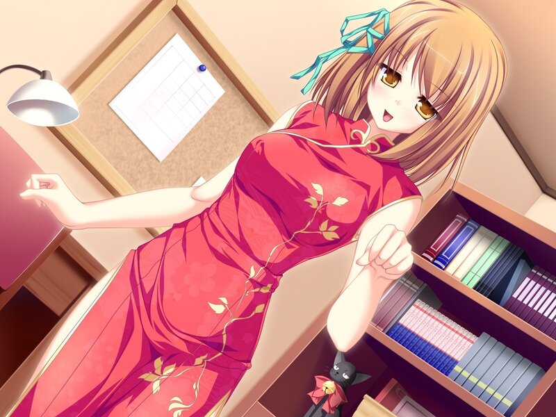 Anime Girl in Red Dress — Calm, Bookshelf