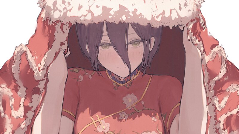 Anime Girl in Red Dress — Calm, Digital Art, Fur Hood
