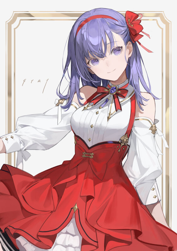 Anime Girl in Red Dress — Calm, Digital Art, Purple Hair