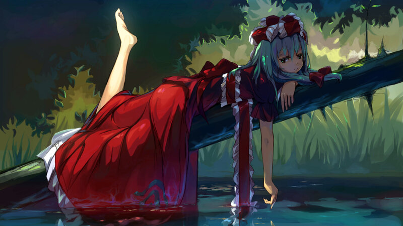 Anime Girl in Red Dress — Calm, Night, Digital Art, River, Tree Branch