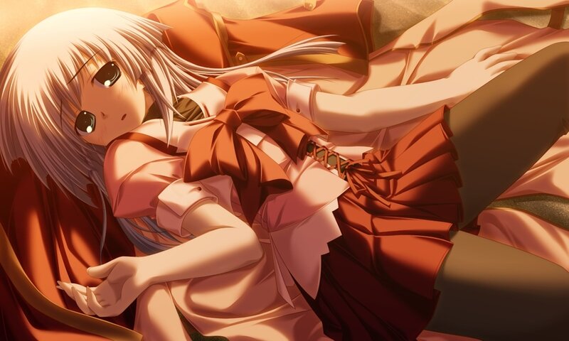Anime Girl in Red Dress — Calm, Sunset, Bed