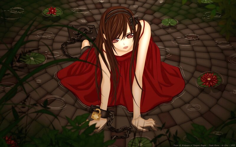 Anime girl in red dress chained