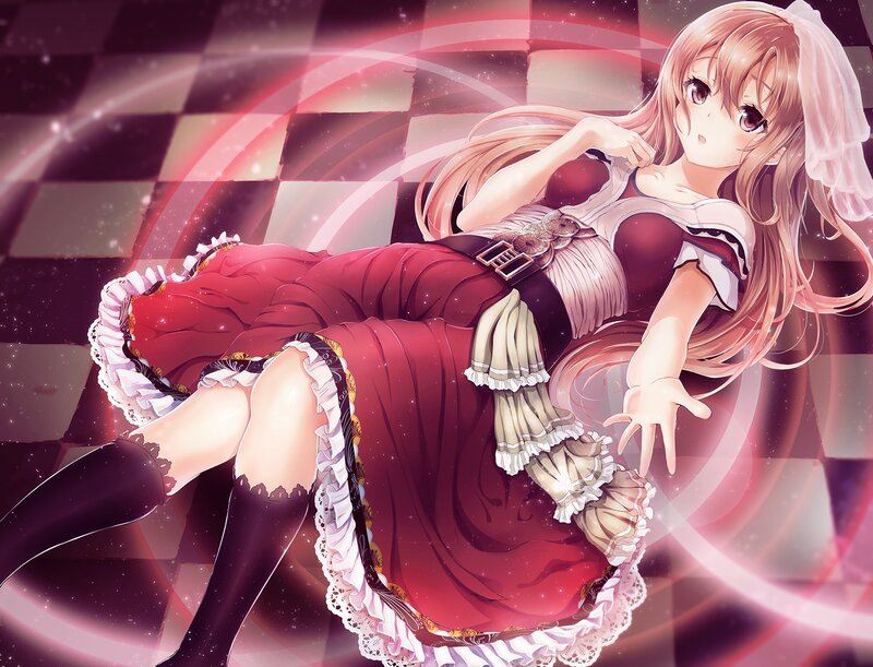 Anime Girl in Red Dress — Dramatic, Checkered Floor