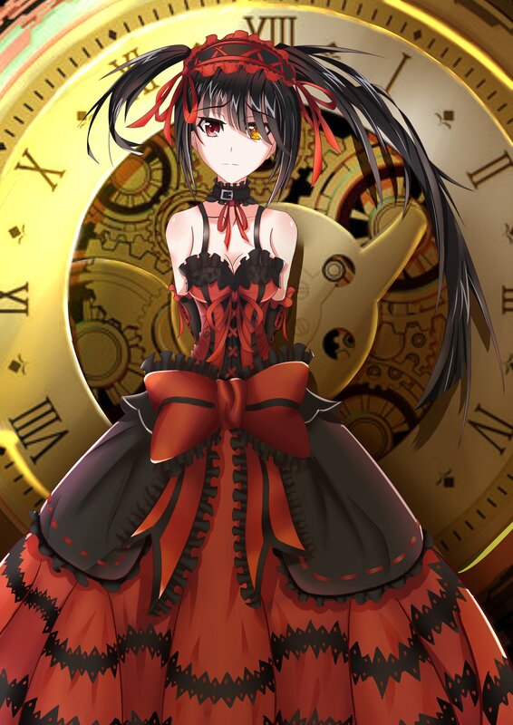 Anime Girl in Red Dress — Dramatic, Clock, Gears