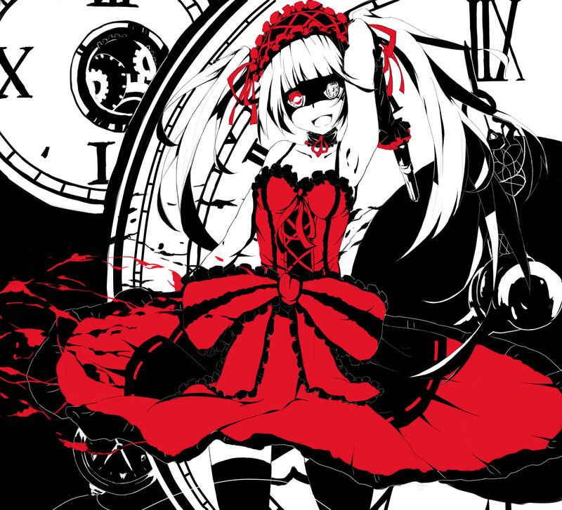 Anime Girl in Red Dress — Dramatic, Clock