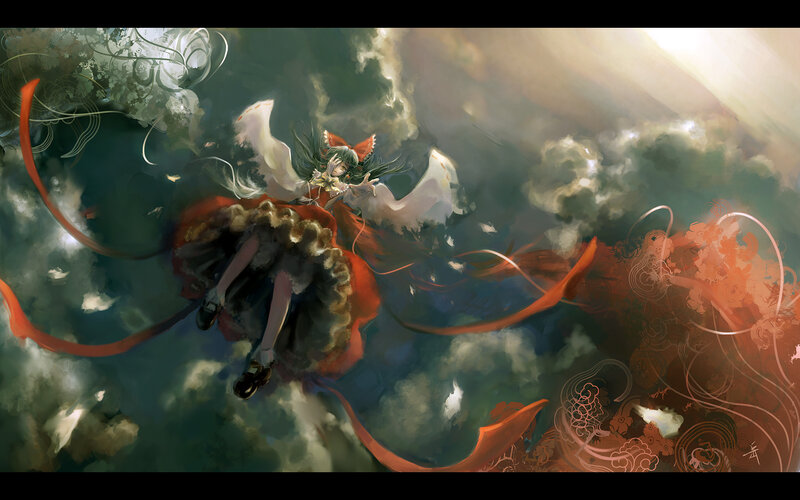Anime Girl in Red Dress — Dramatic, Digital Art, Clouds