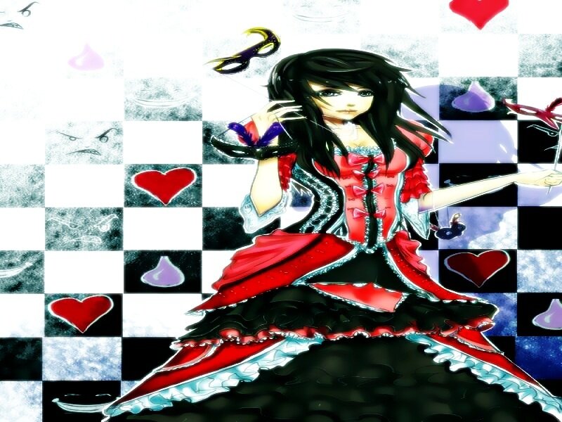 Anime Girl in Red Dress — Dramatic, Digital Art, Hearts