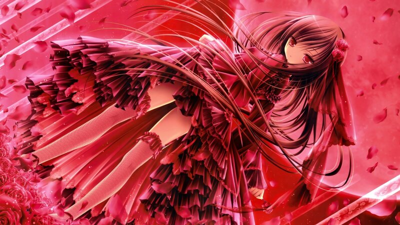 Anime Girl in Red Dress — Dramatic, Digital Art, Rose Petals