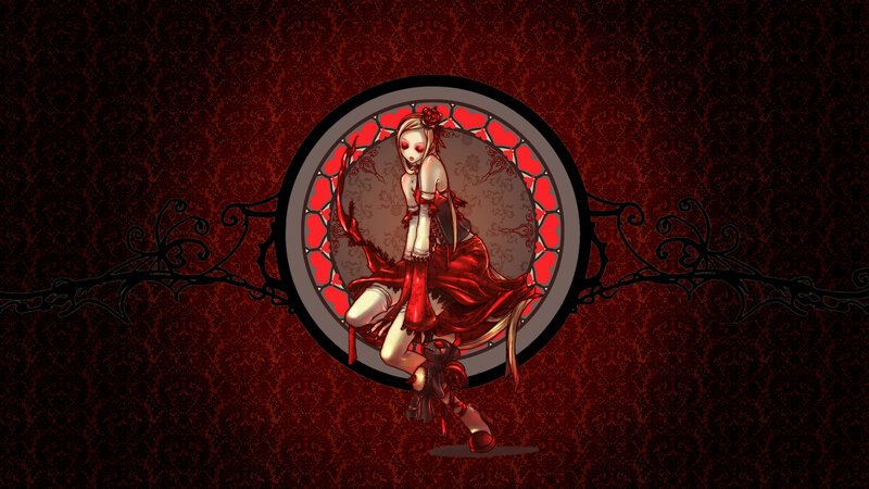 Anime Girl in Red Dress — Dramatic, Digital Art, Stained Glass, Damask Pattern