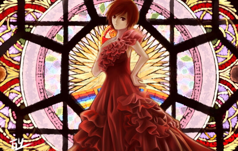 Anime Girl in Red Dress — Dramatic, Digital Art, Stained Glass Window