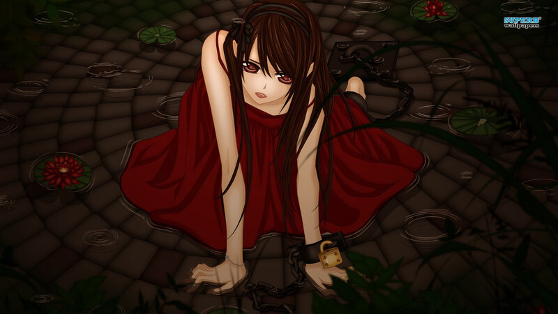 Anime Girl in Red Dress — Dramatic, Night, Chains