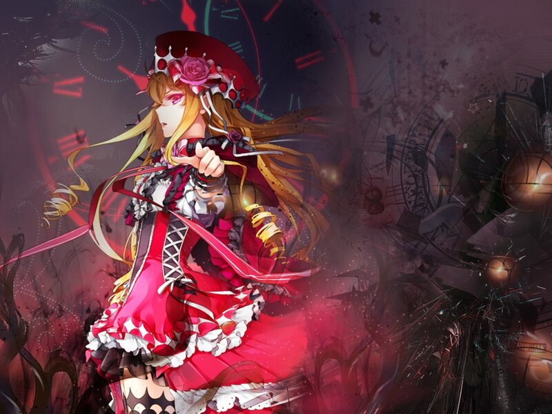 Anime Girl in Red Dress — Dramatic, Night, Digital Art, Clocks