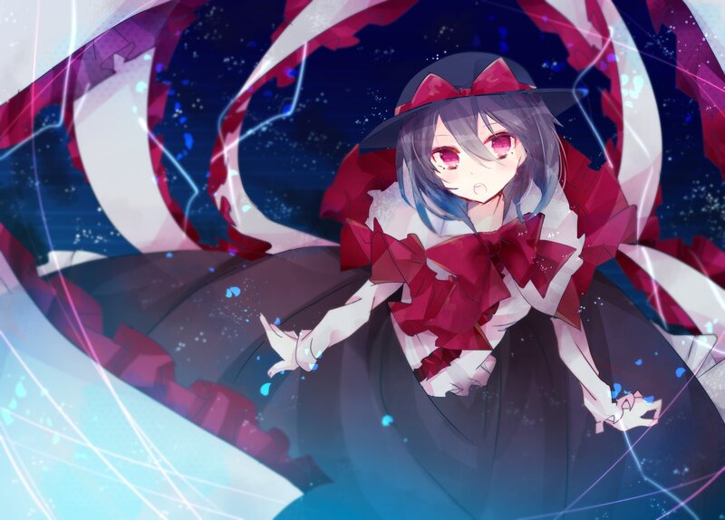 Anime Girl in Red Dress — Dramatic, Night, Digital Art, Hat, Bow