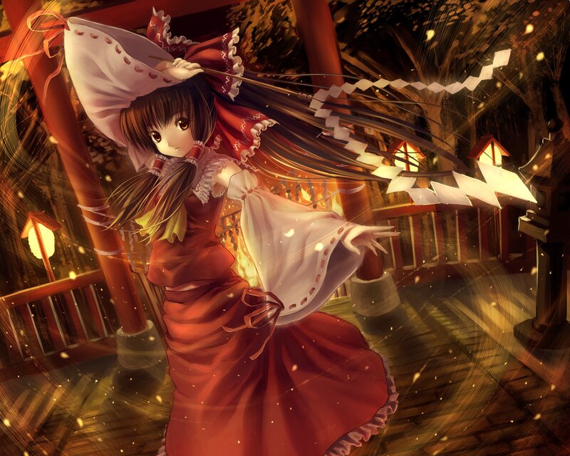 Anime Girl in Red Dress — Dramatic, Night, Digital Art, Lanterns, Torii Gate
