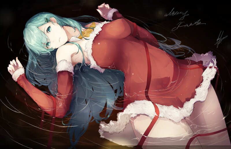 Anime Girl in Red Dress — Dramatic, Night, Digital Art, Long Hair, Santa Outfit