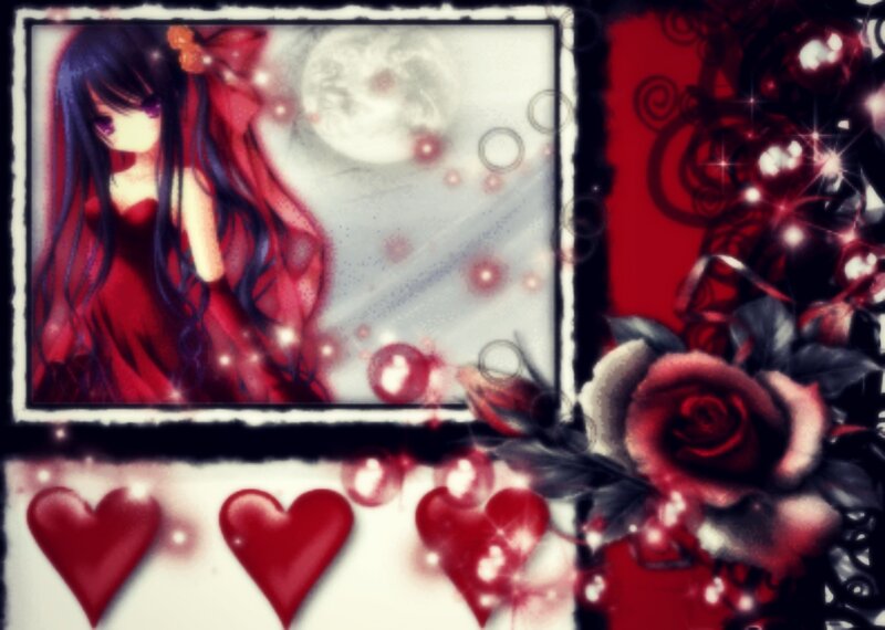Anime Girl in Red Dress — Dramatic, Night, Digital Art, Moon