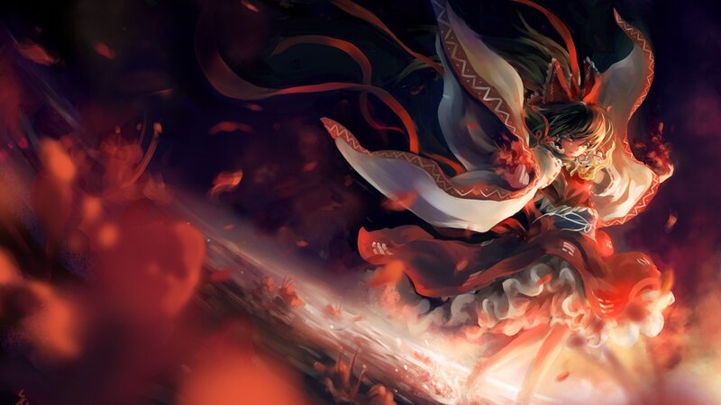 Anime Girl in Red Dress — Dramatic, Night, Digital Art, Sakura Petals, Fire