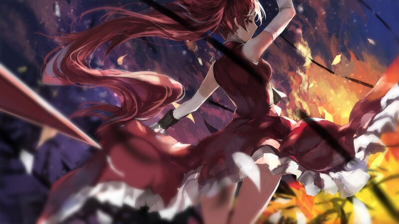 Anime Girl in Red Dress — Dramatic, Night, Digital Art, Sword