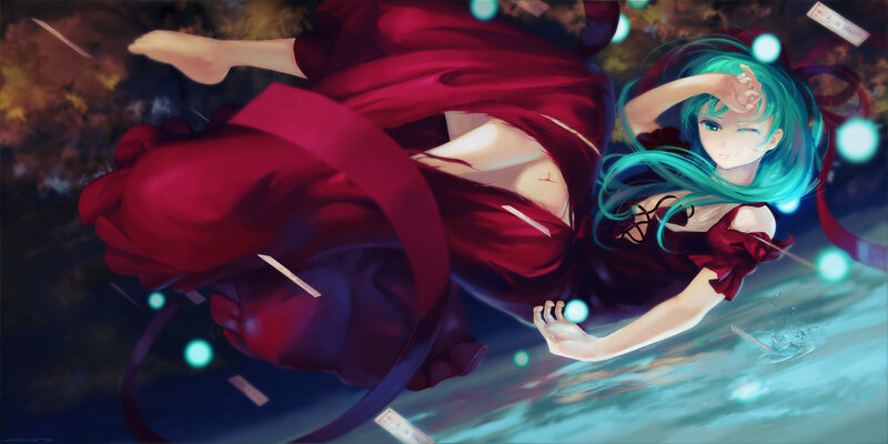 Anime Girl in Red Dress — Dramatic, Night, Digital Art, Water