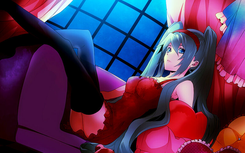 Anime Girl in Red Dress — Dramatic, Night, Digital Art, Window