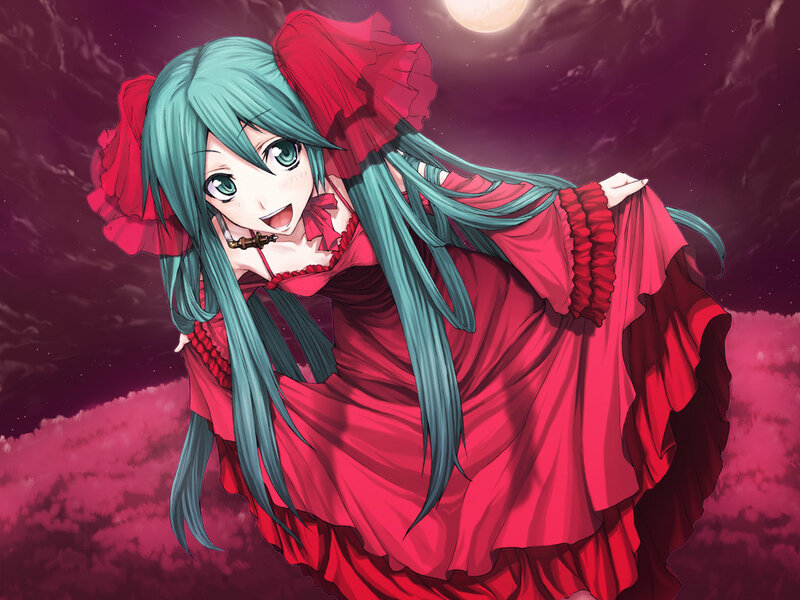 Anime Girl in Red Dress — Dramatic, Night, Moon