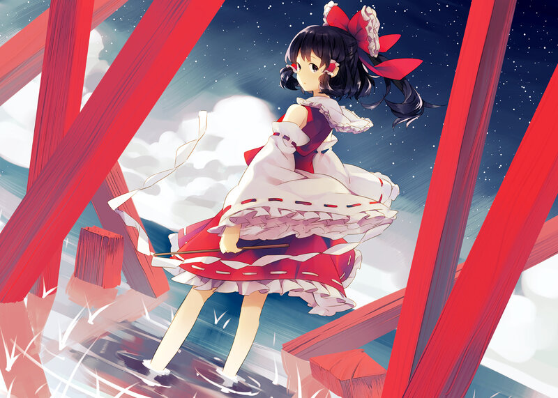 Anime Girl in Red Dress — Dramatic, Night, Red Bow, Wooden Structure