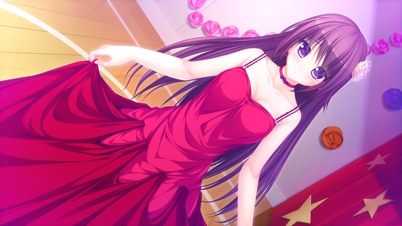 Anime Girl in Red Dress — Dramatic, Roses, Stars