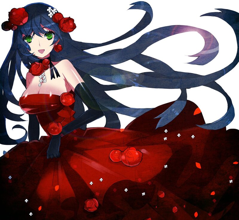 Anime Girl in Red Dress — Dramatic, Roses