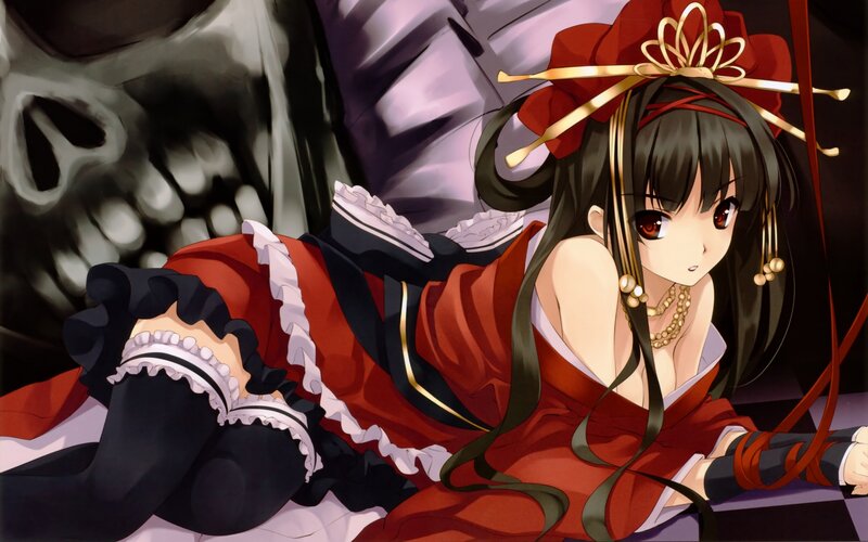 Anime Girl in Red Dress — Dramatic, Skull