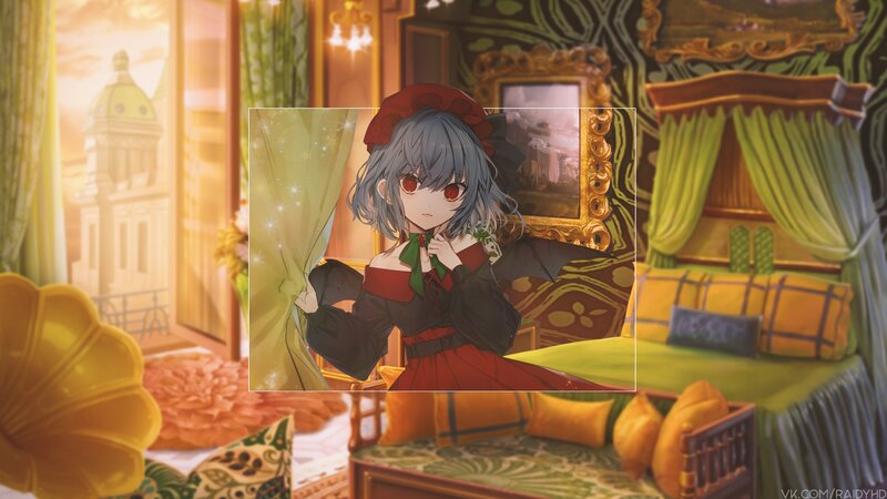 Anime Girl in Red Dress — Dramatic, Sunset, Bed