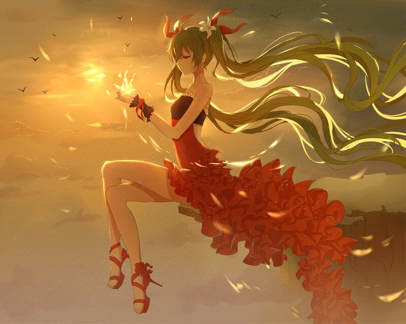 Anime Girl in Red Dress — Dramatic, Sunset, Digital Art, Birds