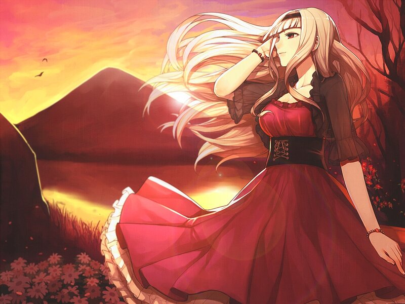 Anime Girl in Red Dress — Dramatic, Sunset, Digital Art, Mountain