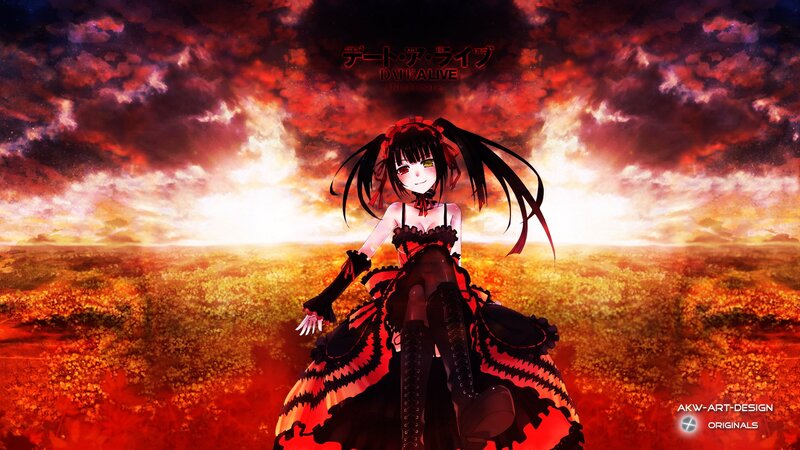 Anime Girl in Red Dress — Dramatic, Sunset, Digital Art, Sky, Field